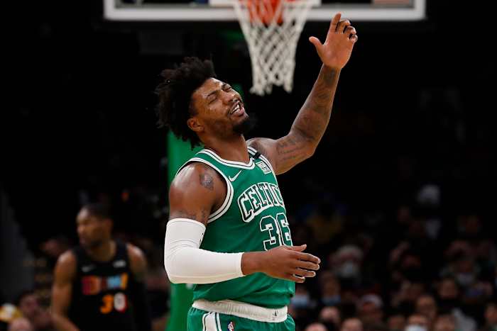 Jan 31, 2022; Boston, Massachusetts, USA; Boston Celtics guard Marcus Smart (36) reacts to missing a shot against the Miami Heat during the second quarter at TD Garden.